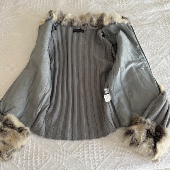 Essenza Y2K Real Lapin Fur Jacket Rabbit Fur Trim Zip Sweater Cardigan Size M - Picture 8 of 16